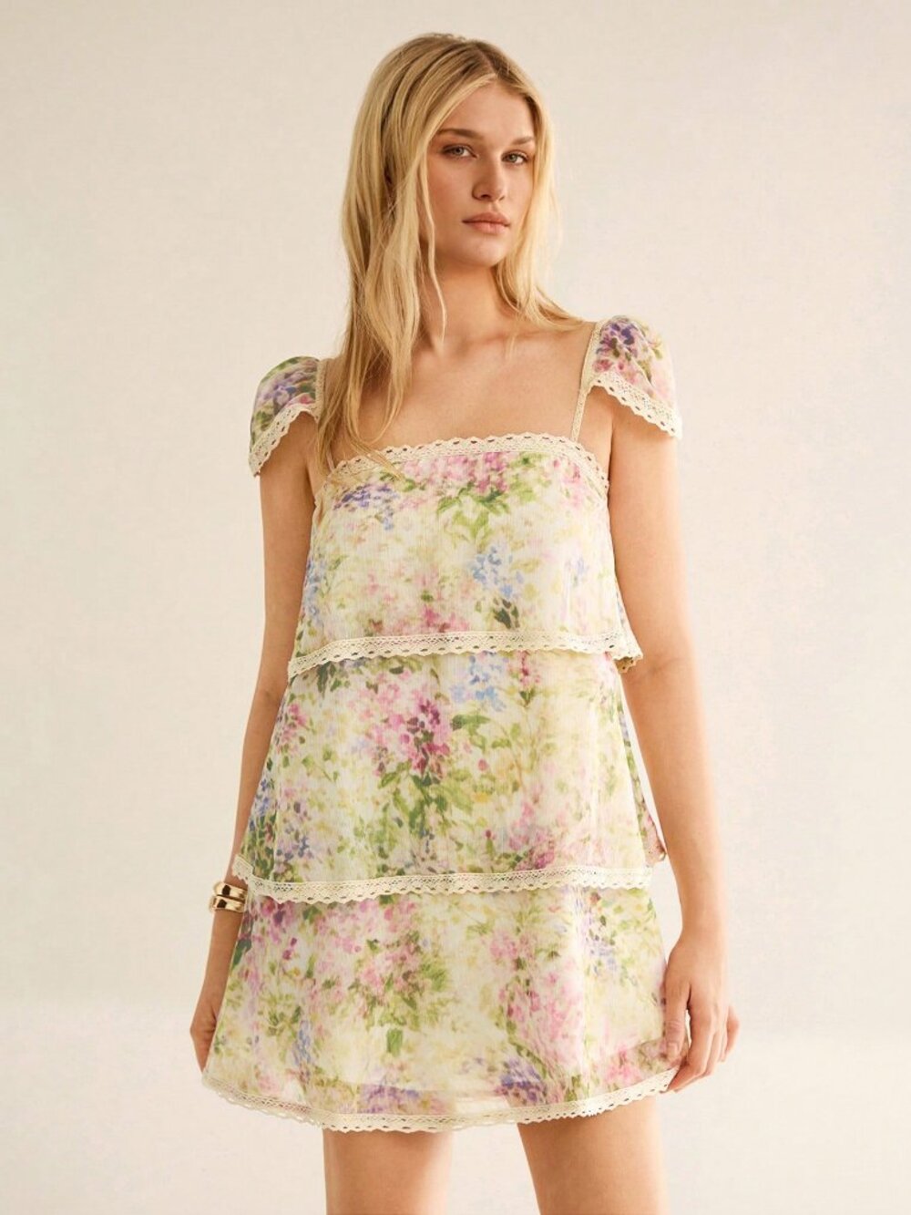 Multicolor Boho Women's Floral Print Lace Patchwork Lace Trim Ruffle Mini Dress - Picture 6 of 7